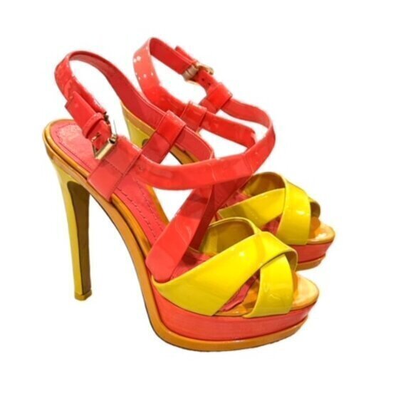 🎉SALE🎉 Christian Dior Sandals Platform Slingback Heels Coral Yellow 36.5‎ /6 - Picture 1 of 12